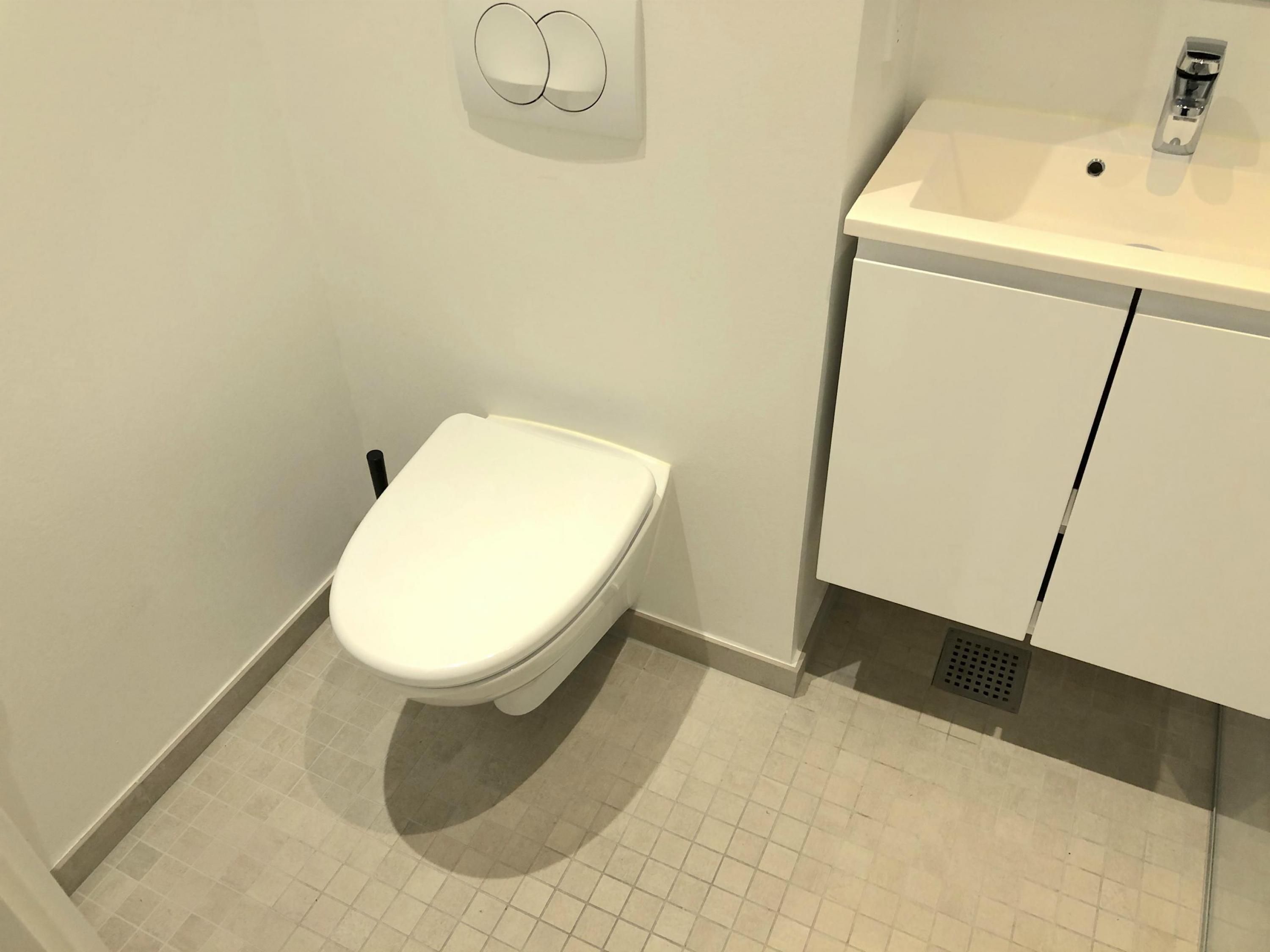 A modern bathroom with a toilet, a sink, and a cabinet.