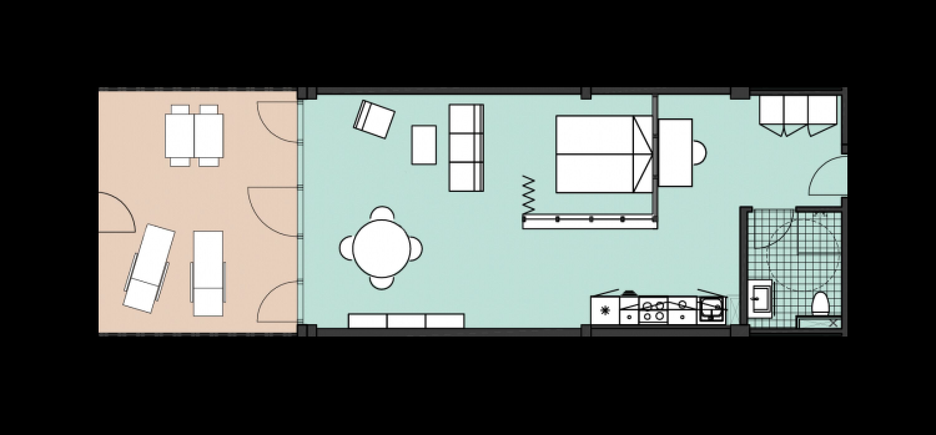 A floor plan with a dining area, kitchen, and bathroom.