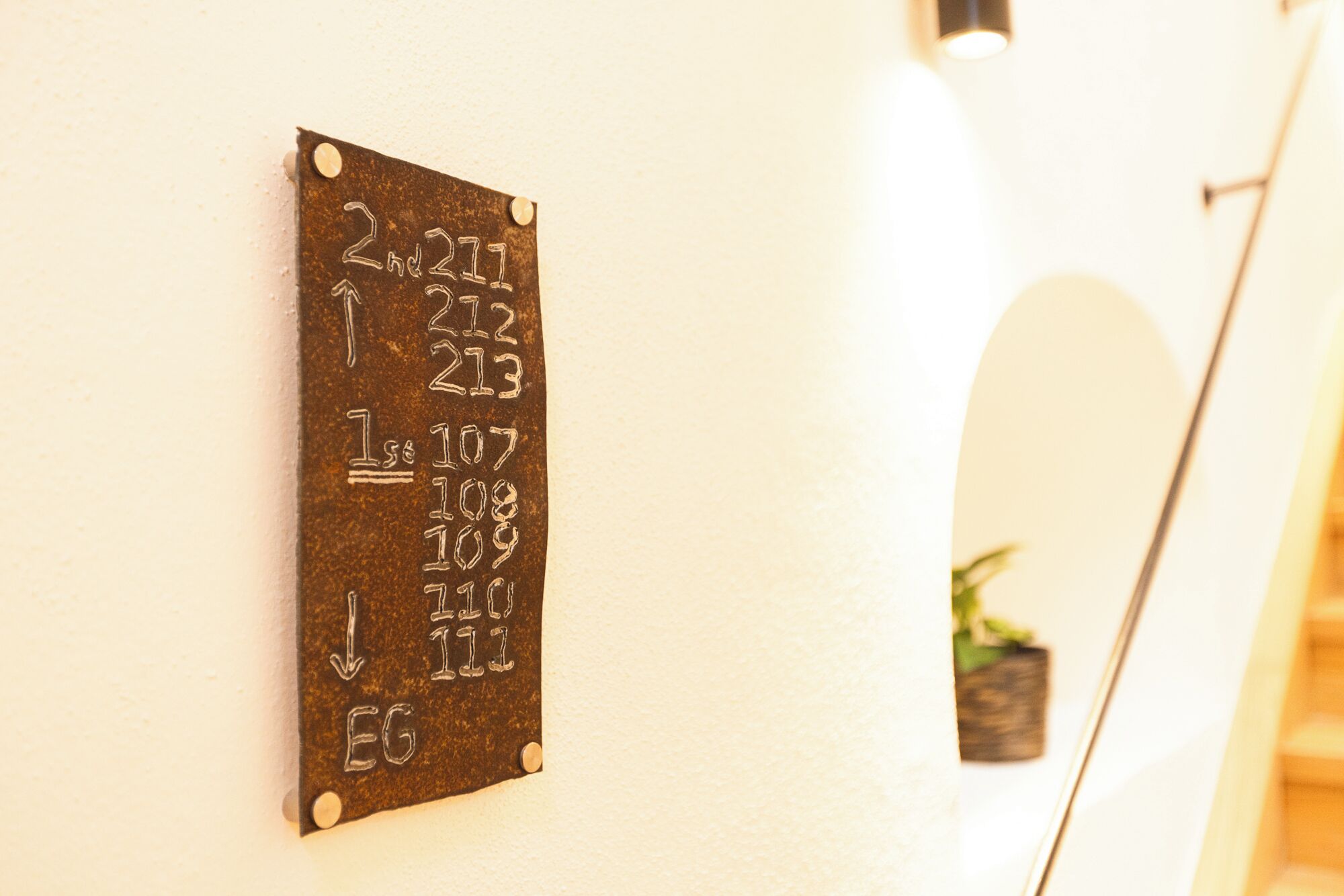 A wall-mounted sign with room numbers and directional arrows.