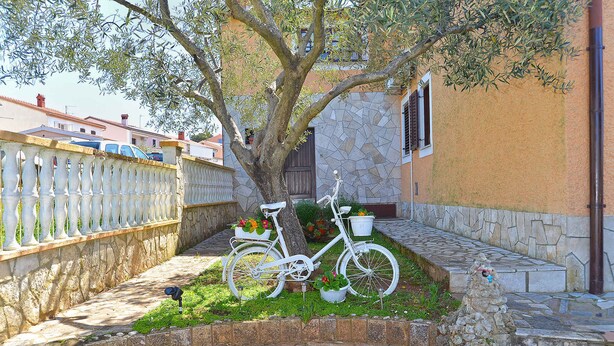 A white bicycle parked next to a tree in a courtyard with a stone wall and a white fence. - Holiday apartment with garden and barbecue (Fažana)