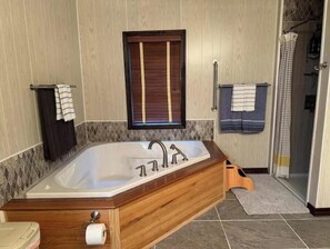 Douche, baignoire à jets, sèche-cheveux, serviettes fournies