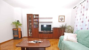 A living room with a wooden coffee table, a green sofa, a television, and a bookshelf. - Holiday apartment with air conditioning (Medulin)