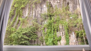 A window with a view of a rocky cliff covered in greenery. - MAYAD El Nido Inn (El Nido)