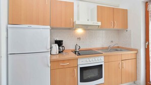 A compact kitchen with wooden cabinets, a built-in oven, a stovetop, and a sink. - Studio with garden and barbecue (Fažana)