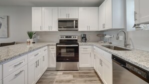 A modern kitchen with white cabinets, a stainless steel oven, a microwave, and a dishwasher.