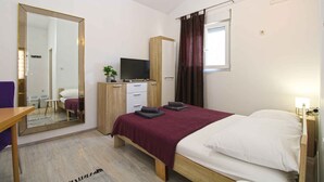 A bedroom with a bed, a desk, a mirror, a wardrobe, and a television. - Studio with air conditioning (Pula)