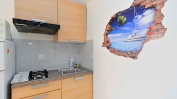 Kühlschrank, Mikrowelle, Herdplatte, Kochgeschirr/Geschirr/Besteck