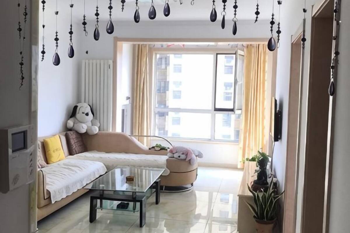 A living room with a sofa, a glass coffee table, a potted plant, and a window with curtains.