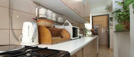 Fridge, microwave, stovetop, toaster