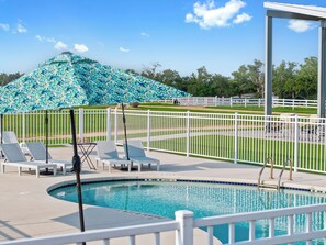 Outdoor pool, pool umbrellas, pool loungers
