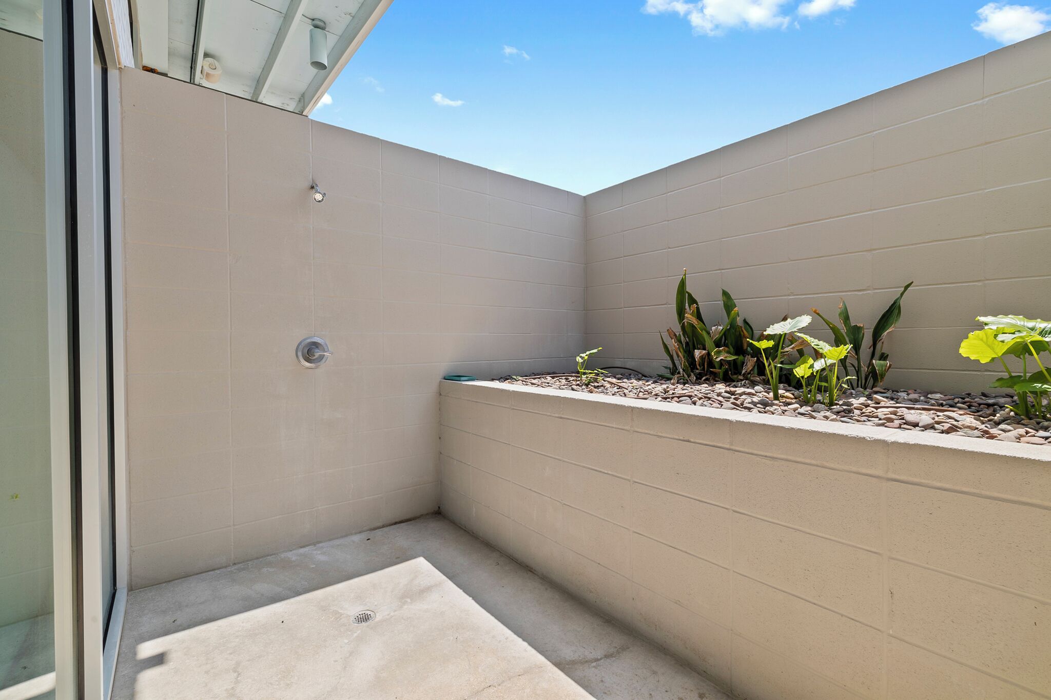 A modern shower area with a glass door, beige tiled walls, and a planter with yellow flowers.