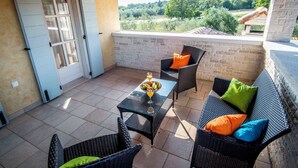 Eine Terrasse mit Korbmöbeln, einem Tisch mit Obstschale und Getränken sowie Blick auf Grünflächen und Gebäude im Hintergrund.