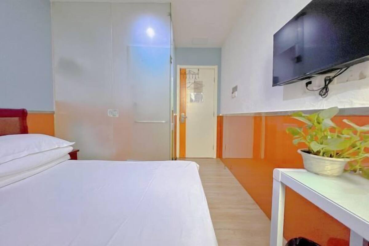 Quarto de hotel com uma cama, televisão na parede, planta em vaso sobre uma mesa e porta que dá para outro cômodo.