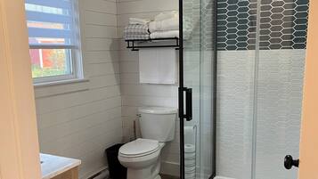 Hair dryer, towels, soap, toilet paper
