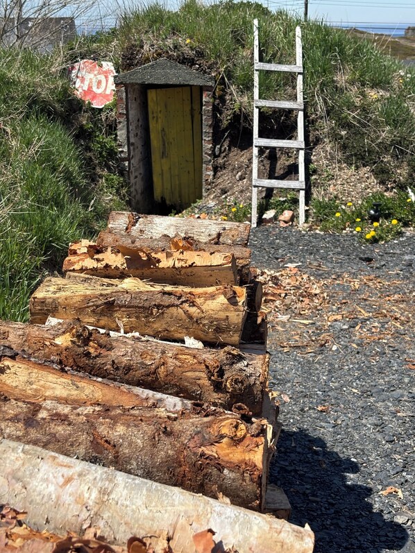 A wooden structure with a yellow door, a stop sign, and a ladder. - Red Jellybean: great ocean views and sunsets close to town (Twillingate)