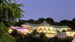 A large, multi-story house with a green roof, surrounded by lush greenery.