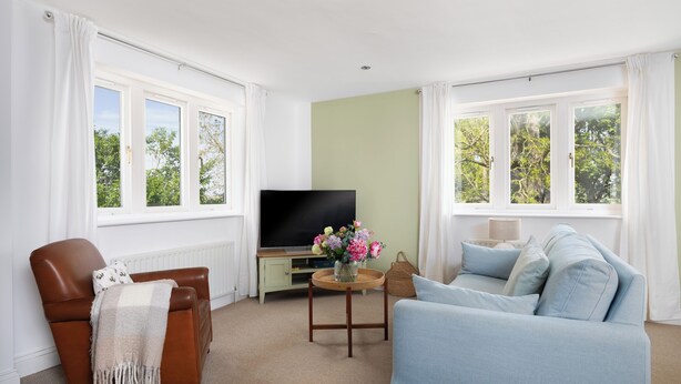 Een woonkamer met een bruine leren fauteuil, een blauwe bank, een televisie en een bijzettafeltje met een bloemenvaas.