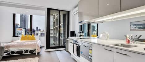 Fridge, stovetop, dishwasher, cookware/dishes/utensils