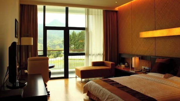 A hotel room with a bed, a desk, a chair, and a large window with a view of greenery.