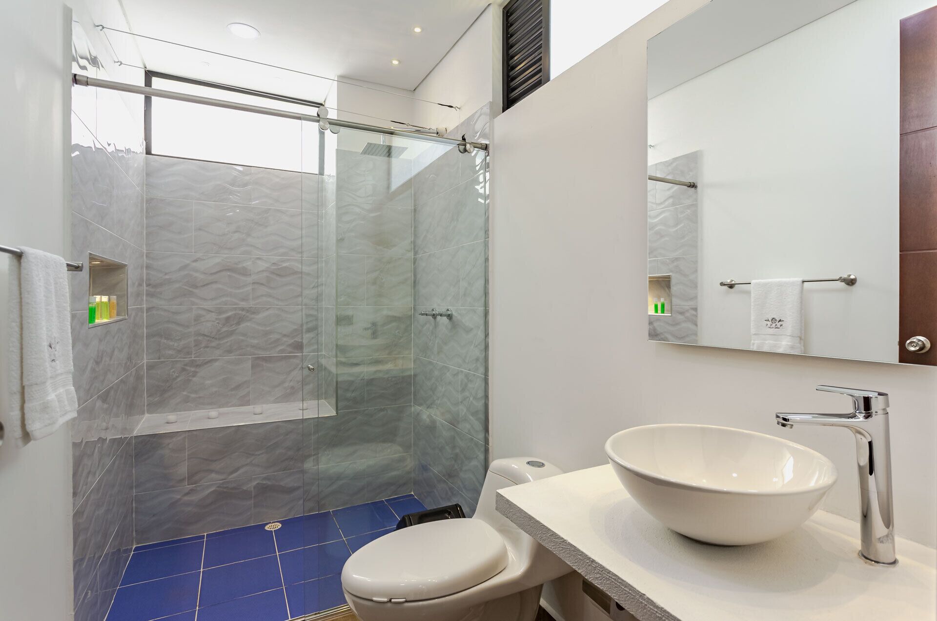 A modern bathroom with a glass shower enclosure, a white sink with a large bowl, and a mirror above the sink.