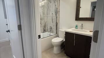 Hair dryer, towels, soap