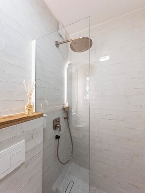 Shower, hair dryer, towels, soap