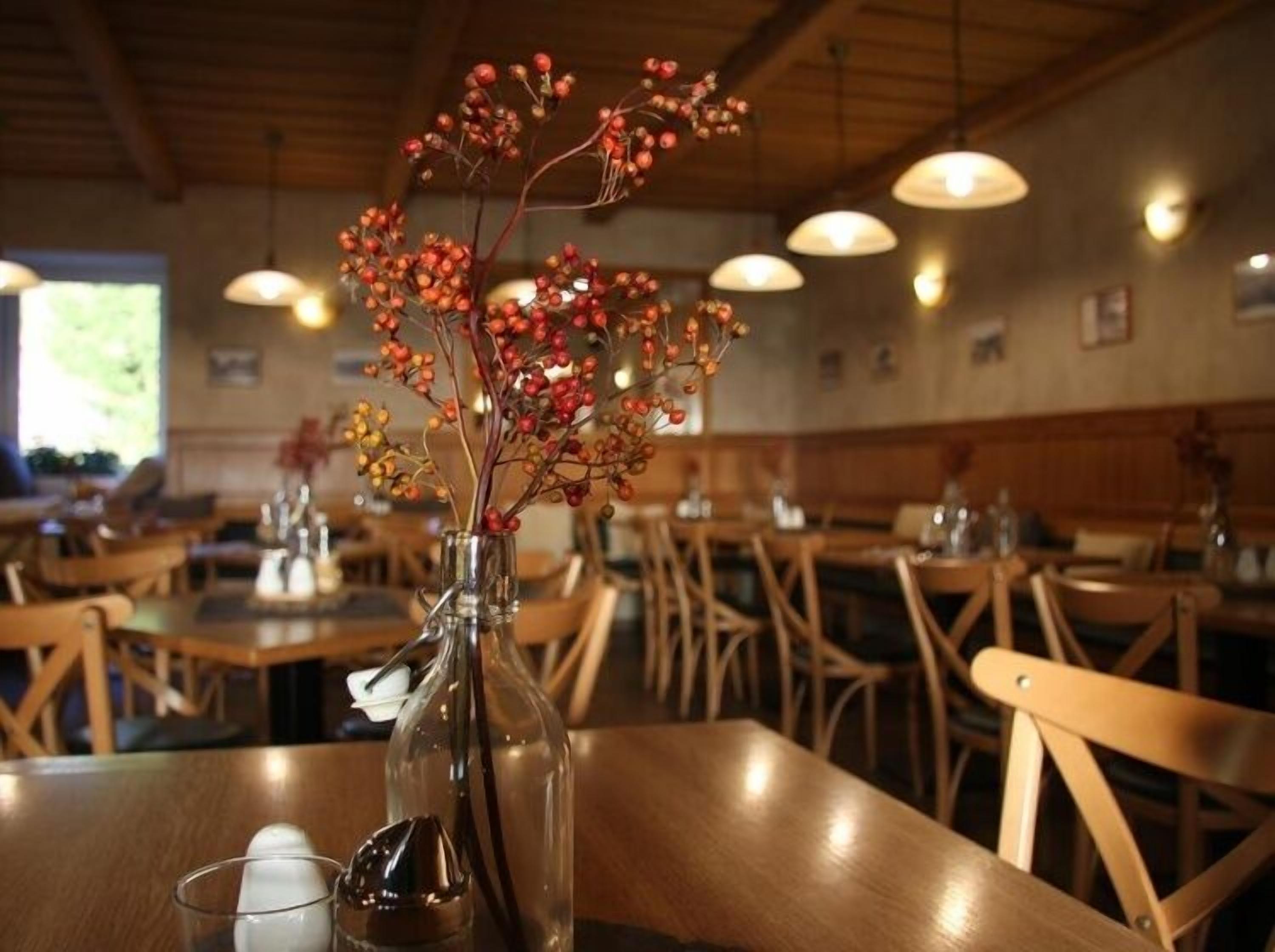 L’intérieur d’un restaurant avec des tables et des chaises en bois, une vue dégagée sur l’extérieur grâce à une fenêtre et un éclairage suspendu.
