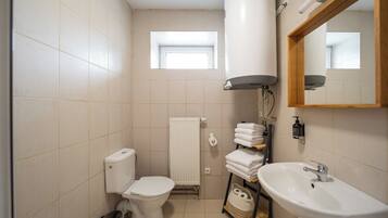 A small bathroom with a toilet, sink, and a window.