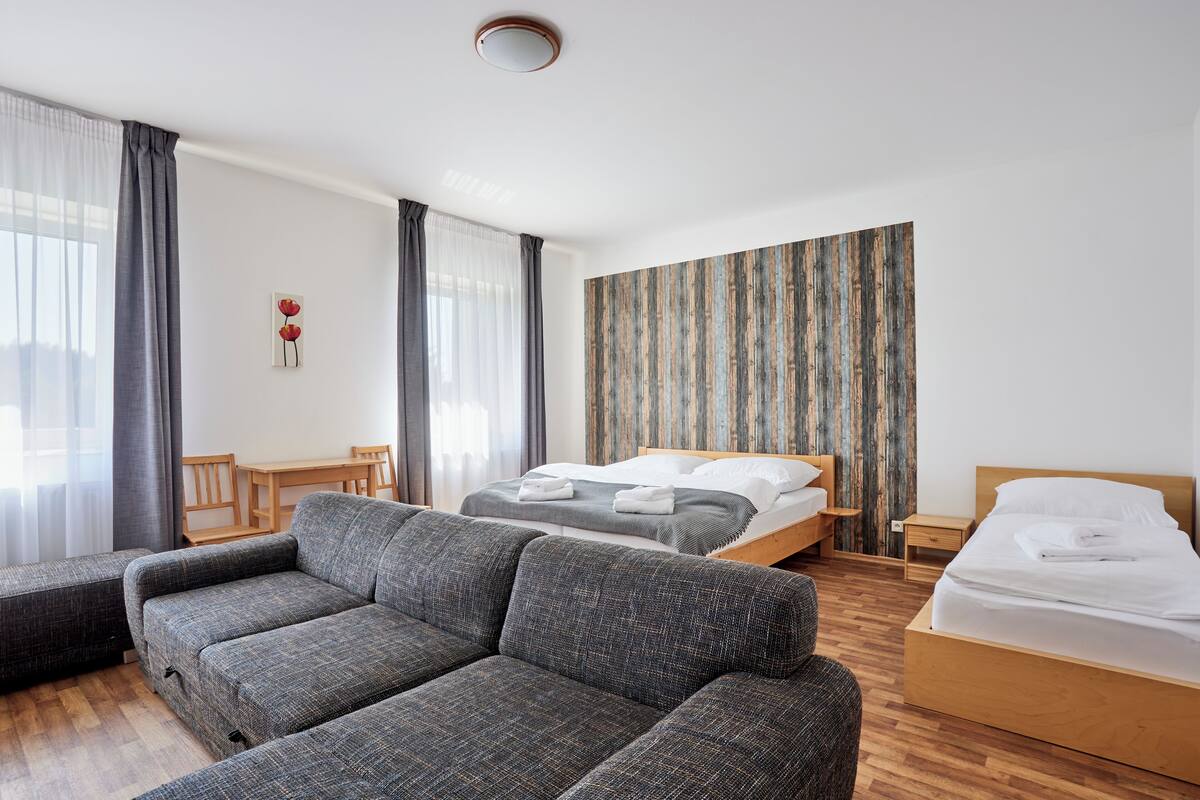 A modern hotel room with a grey sofa, a wooden bed, a wooden nightstand, and a wooden chair.