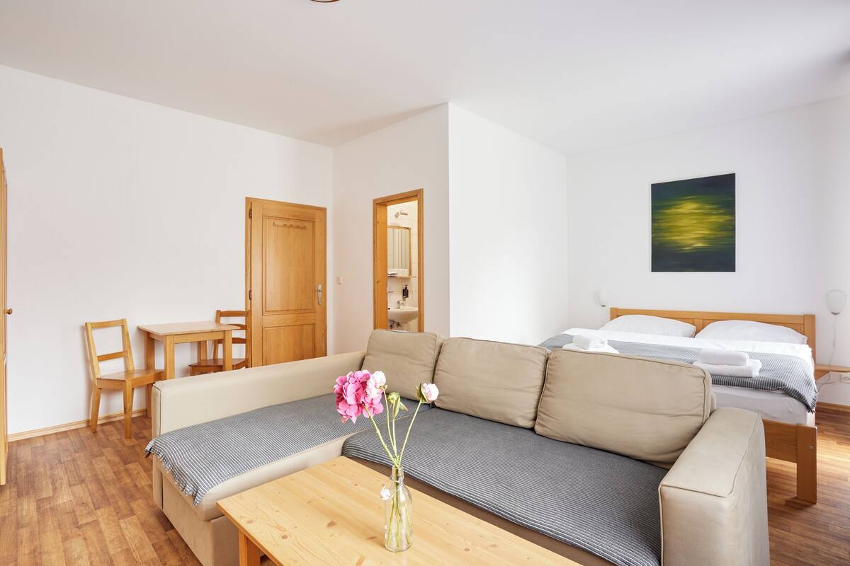 A modern room with a sofa, a wooden table, a small dining table, and a bed.