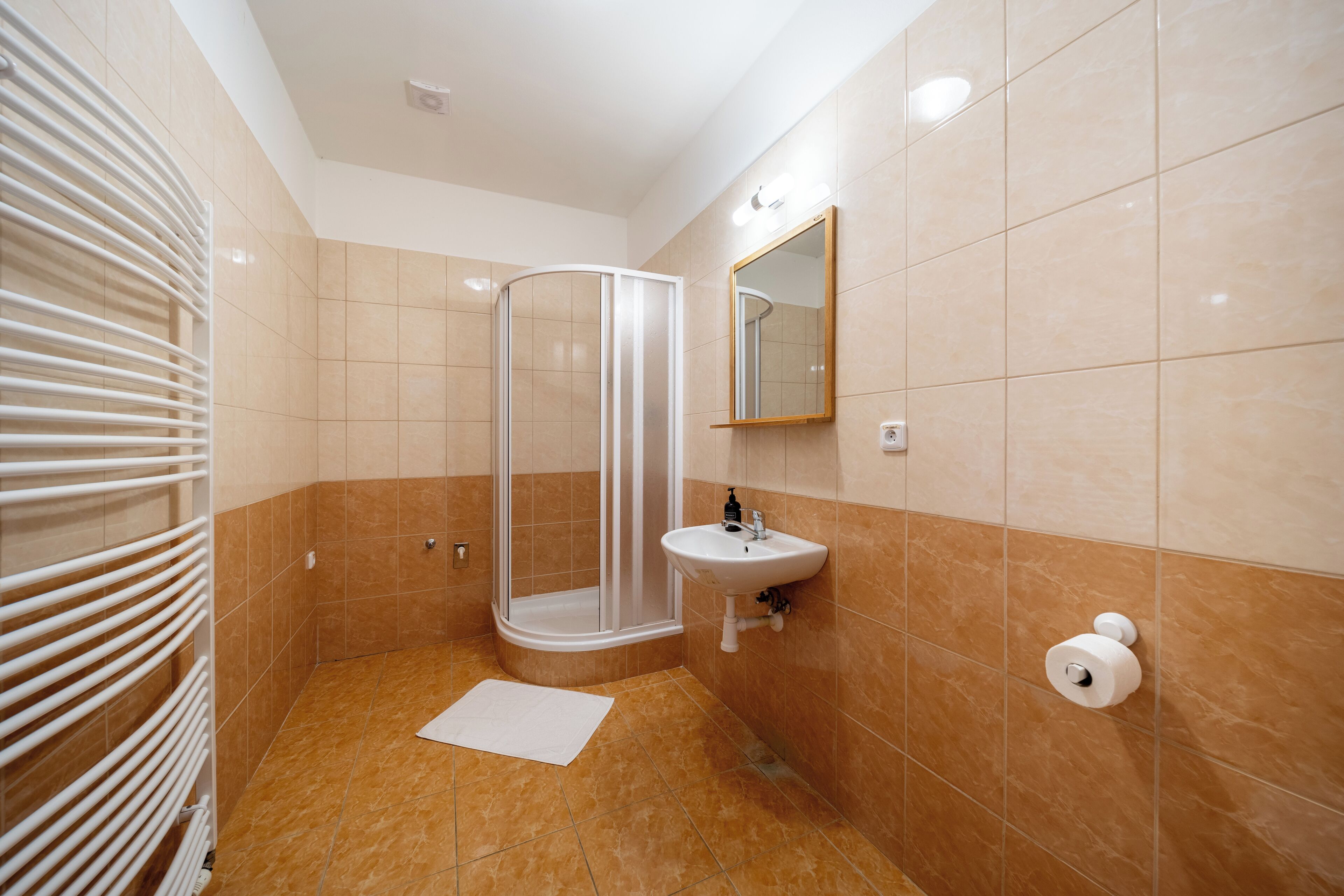 Baño con cabina de ducha de vidrio, lavabo y espejo.