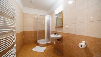 Baño con cabina de ducha de vidrio, lavabo y espejo.