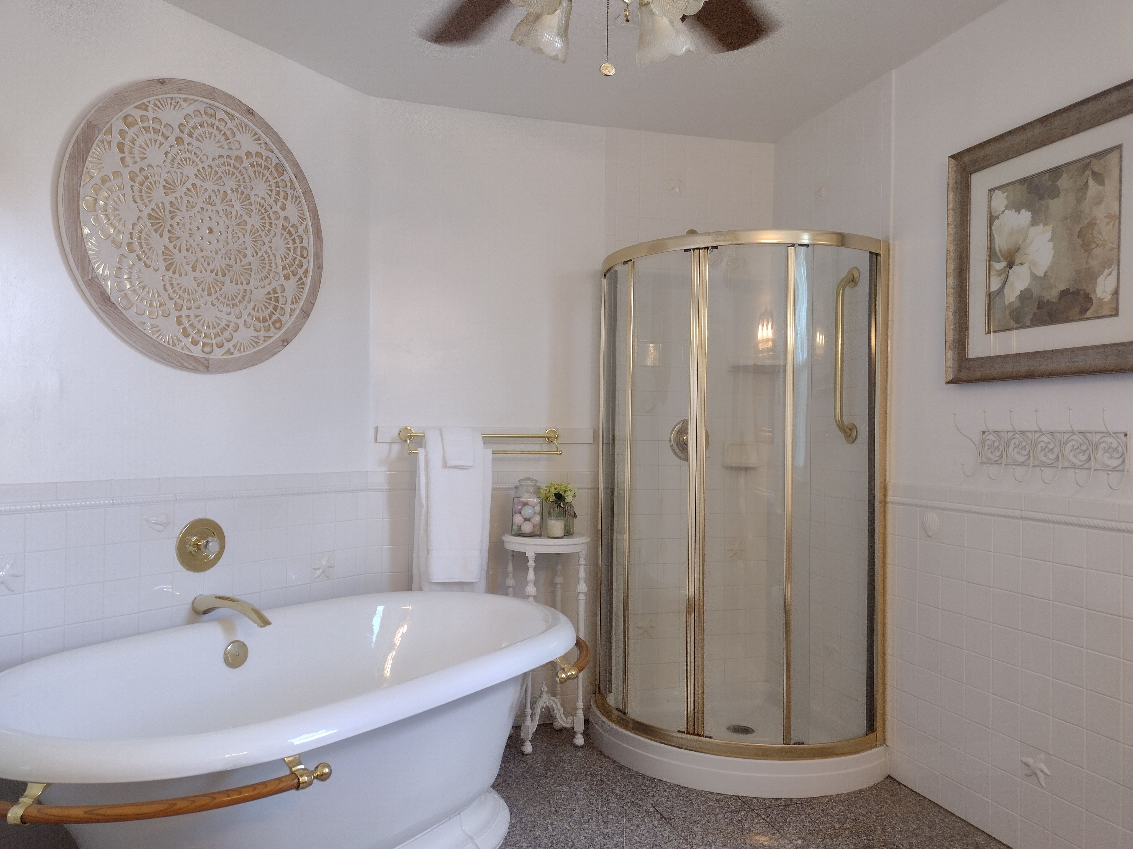 Hair dryer, bidet, towels, soap