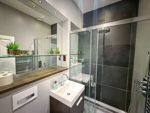 Eco-friendly toiletries, hair dryer, towels
