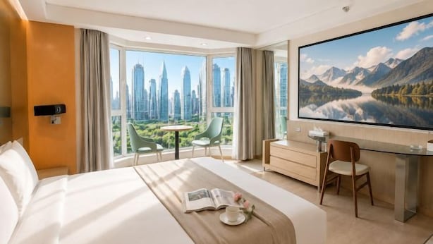 A hotel room with a large bed, a desk, a chair, a TV, and a window with a cityscape view. - Love Holiday Hotel (Dalian Zhongshan Square Railway Station) (Dalian)