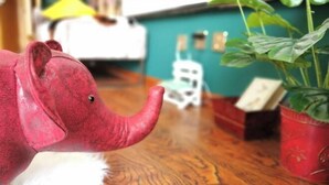 Leluelefantti puulattialla, taustalla ruukussa oleva kasvi ja pieni valkoinen esine.