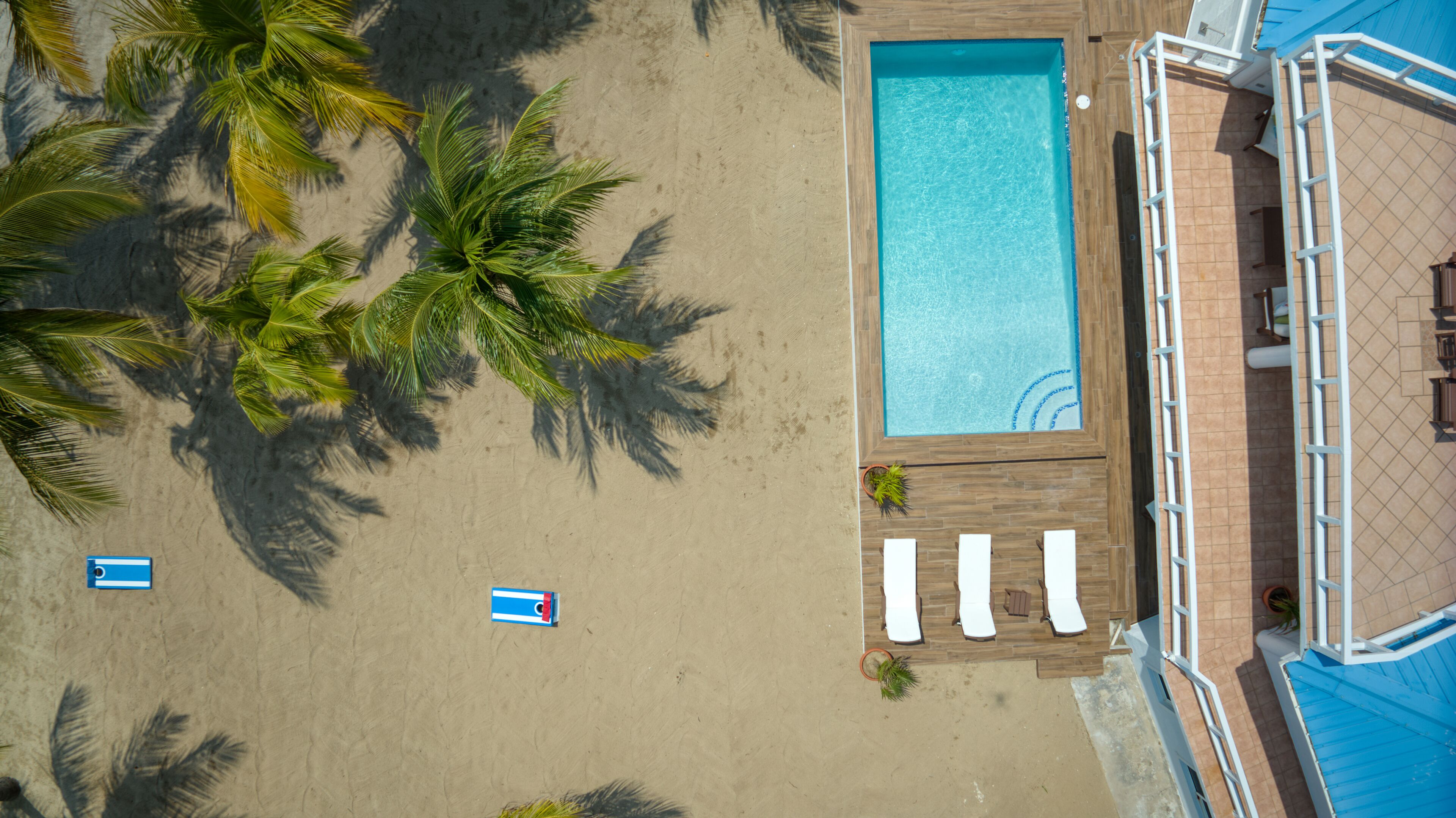 Vista aerea di una spiaggia con piscina, palme e lettini.