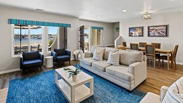 Smart TV, fireplace, books