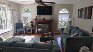 Smart TV, fireplace, books, computer monitors