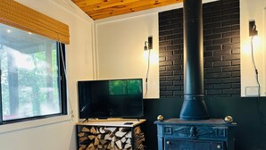 Ein gemütliches Wohnzimmer mit Fernseher, Kaminofen und Fenster mit Blick auf Bäume.