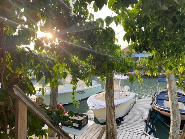 A dock with boats, a wooden walkway, and a view of the water. - Caribbean Lofts 24 - Waterfront (Kralendijk)