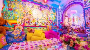 Um quarto vibrante com um edredom floral colorido, um urso de pelúcia grande e uma parede decorada com padrões psicodélicos e um relógio.