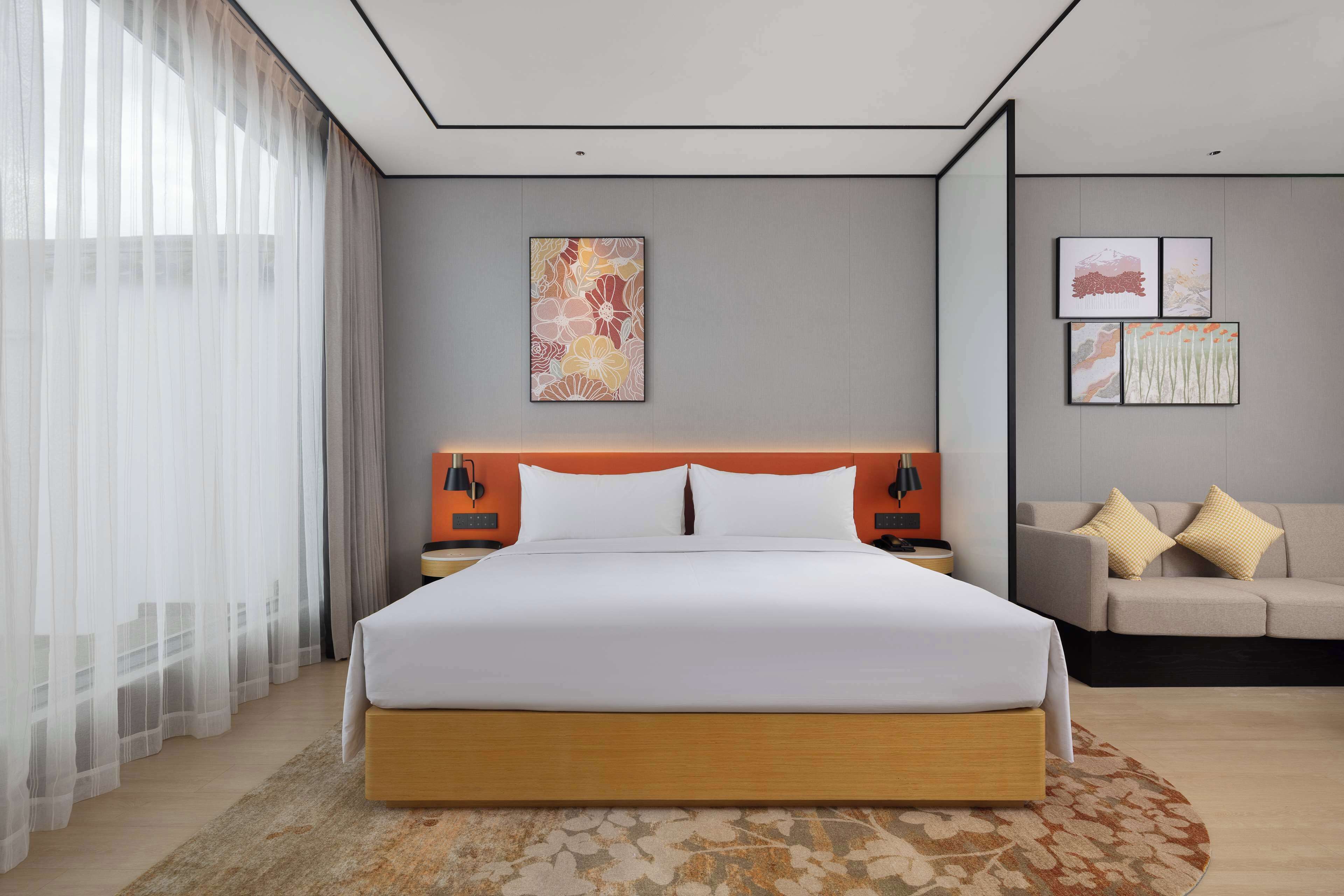 Una habitación de hotel moderna con una cama grande, un sofá y obras de arte en las paredes.