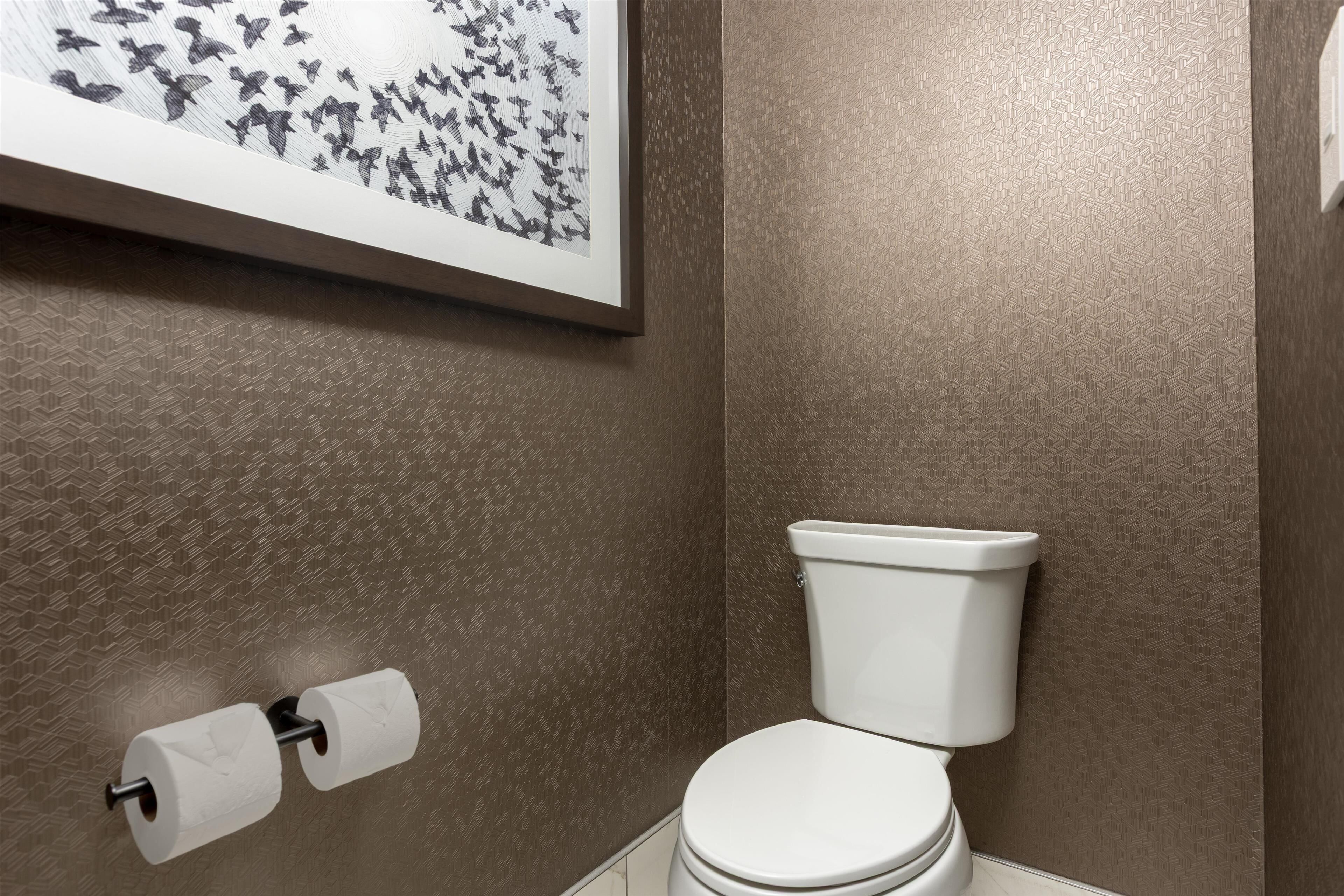 A bathroom with a toilet, two rolls of toilet paper, and a framed picture on the wall.