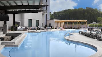 Indoor pool, seasonal outdoor pool, pool umbrellas, pool loungers