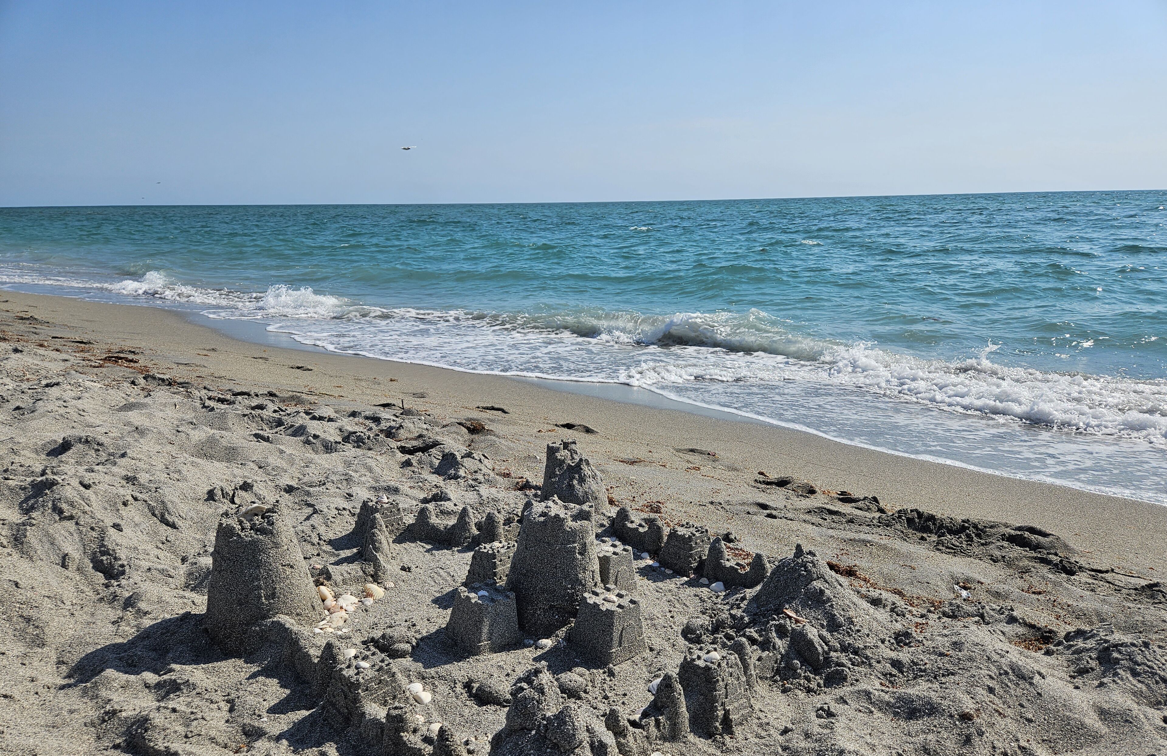 Una playa con castillos de arena y el océano.