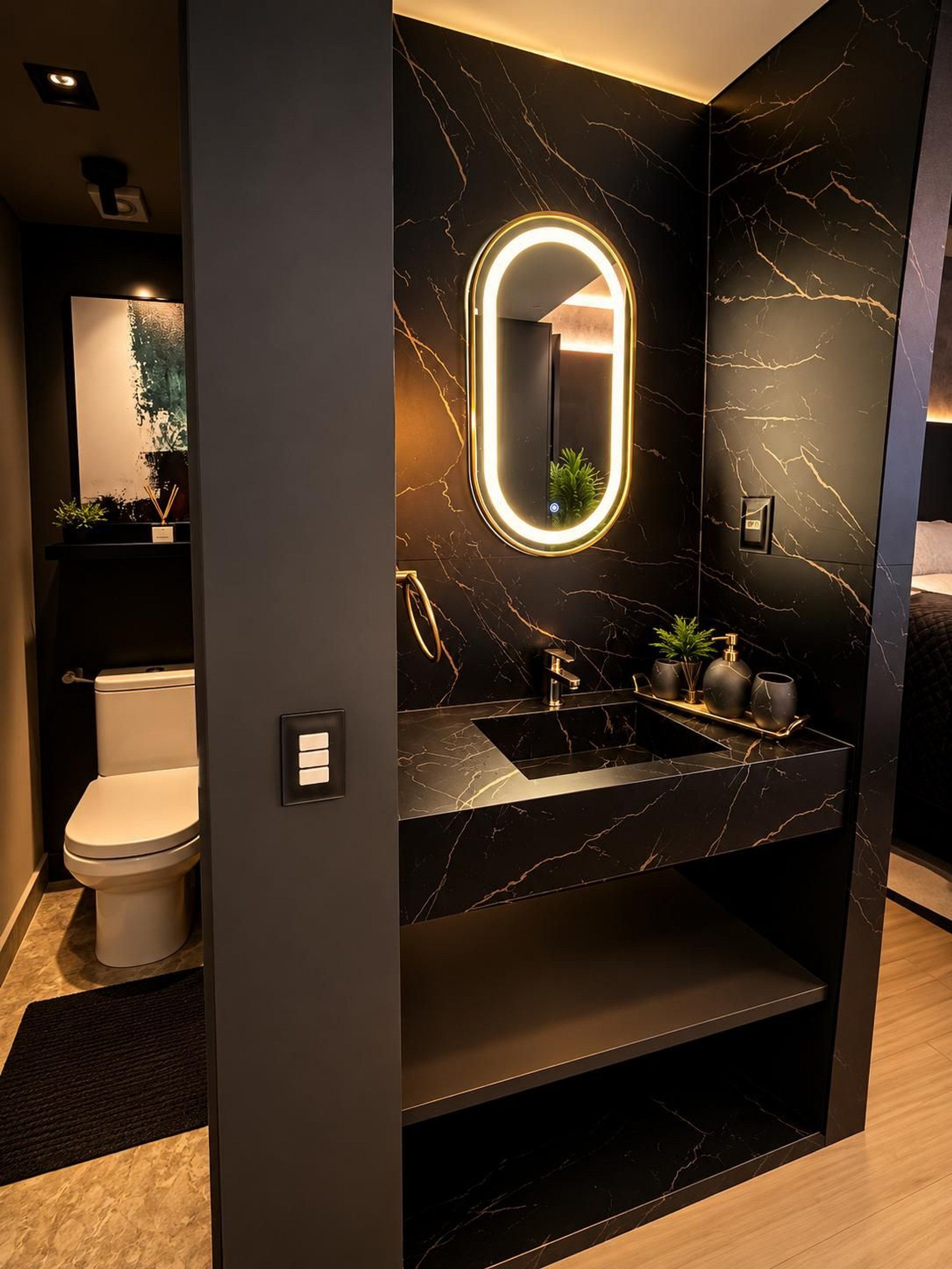 A modern bathroom with a marble vanity, a round mirror with a light, and a toilet.