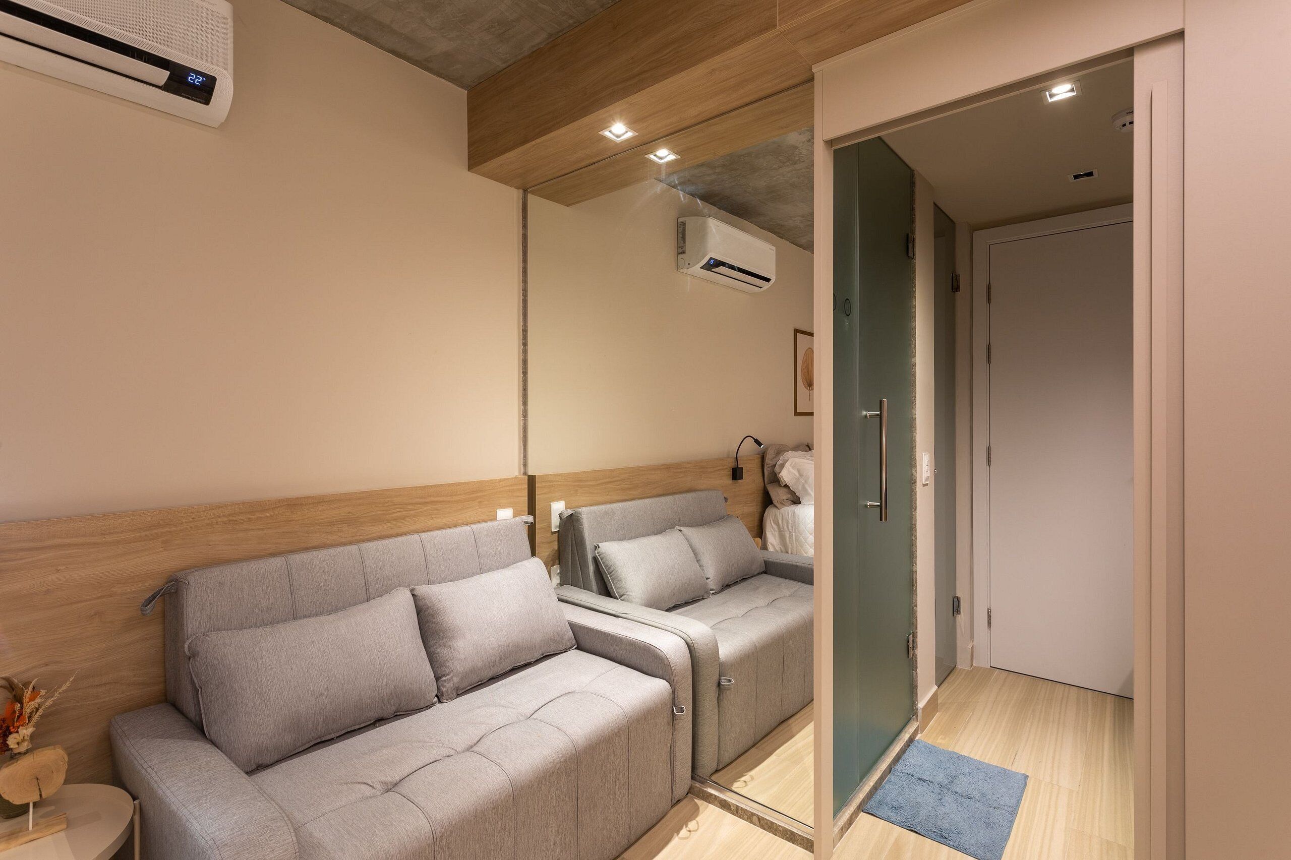 A room with a sofa, an air conditioning unit, and a door.