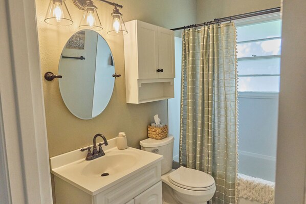 A bathroom with a white sink, mirror, and cabinet, a toilet, and a shower curtain. - Charming 3 bdrm, 2 bath Brick Bungalow with private yard in Rapid City, SD (Rapid City)