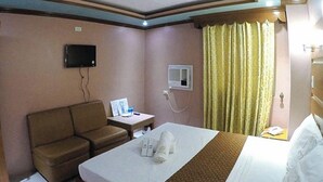 Une chambre d’hôtel comprenant un lit, un canapé, une petite table avec un téléviseur, un appareil de climatisation et un rideau.